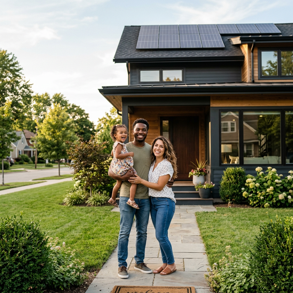 Family in front of solar home
